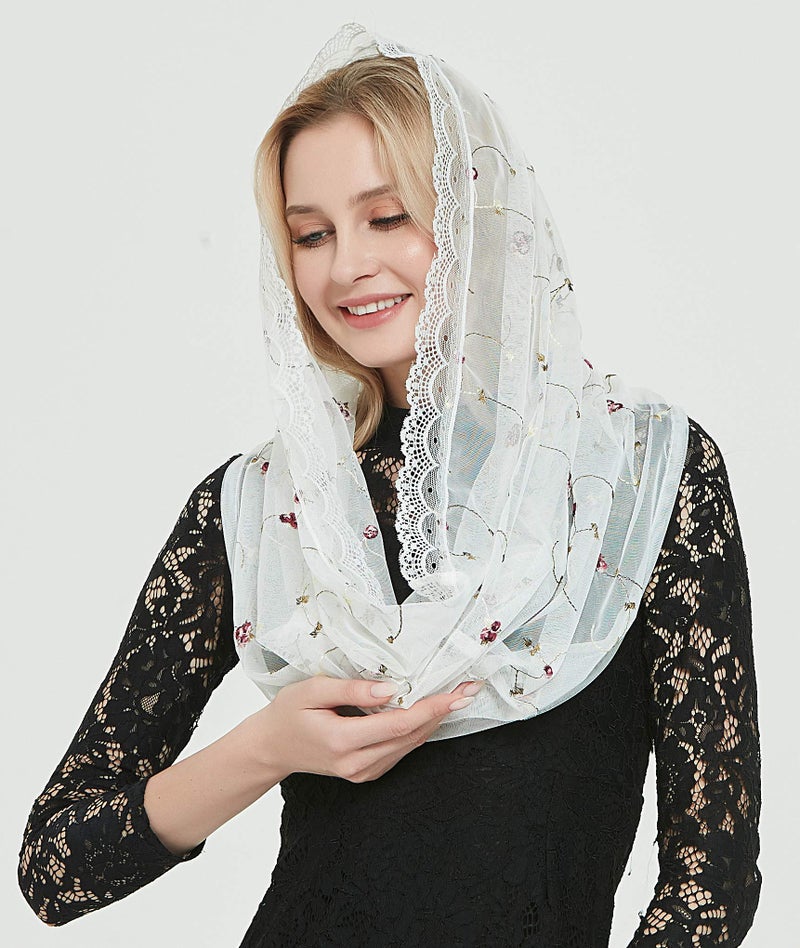 Leimandy Orthodox Veil Head Covering with Embroidered Flowers Catholic Chapel Mantilla Infinity Veil for Church Worship & Latin Mass V50 (Ivory Wrap) - Image 4